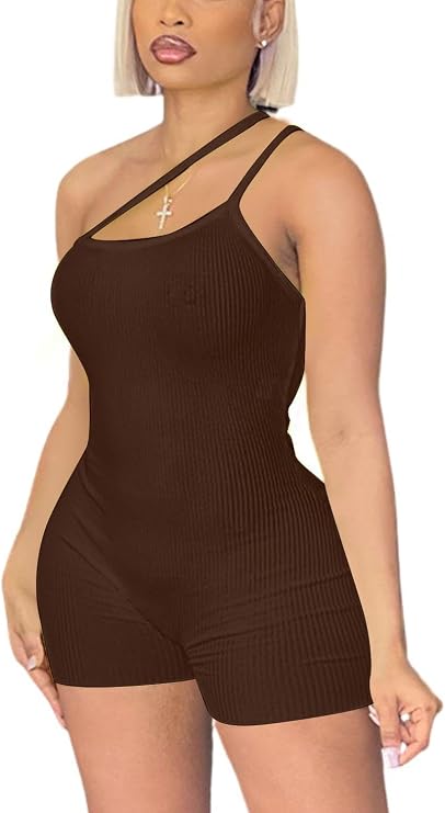 Women Sexy One Shoulder Spaghetti Strap Romper Tummy Control Jumpsuits