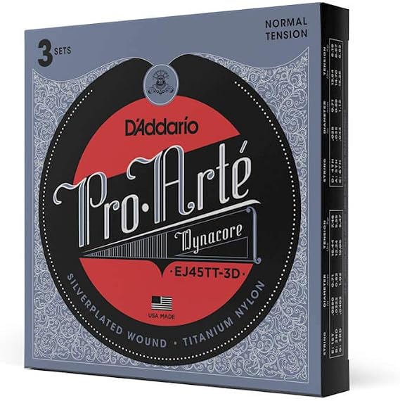 D'Addario Guitar Strings - Pro-Arte Classical Guitar Strings - EJ45TT-3D Dynacore - Silver Plated Wrap, Composite Dynacore, Titanium Nylon Trebles - Normal Tension, 3-Pack