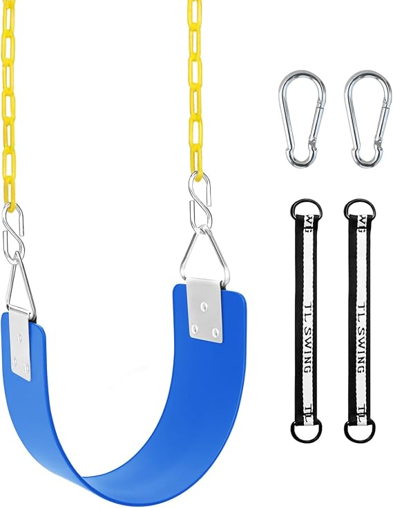 Swing Set Seat with Metal Triangle Ring & 66Inch Anti-Rust Chains, Swing Replacement Accessories with Snap Hooks & Hanging Straps, Support 300lb for Kids & Adults, Outdoors Backyard Playground (Blue)