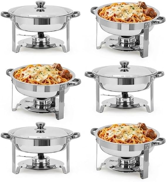 LinTimes 6PCS Round Chafing Dish Buffet Set, Heavy Duty Stainless Steel Food Warmer Buffet Server with Lids & Water Pans, Portable Bain Marie Catering Serving Equipment for Soups Curries & Parties