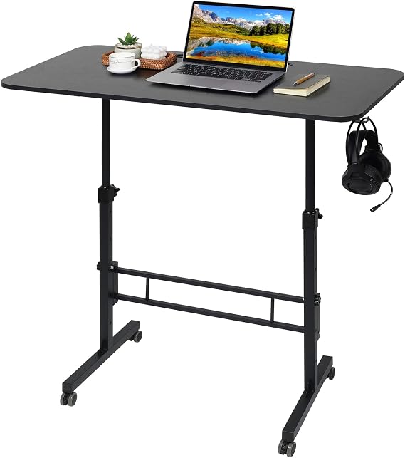 Standing Desk Adjustable Height, Rolling Walking Pad Desk, Small Mobile Table with Wheels, Portable Stand Up Table for Standing or Sitting, Size 31.5x15.7 Inch Black