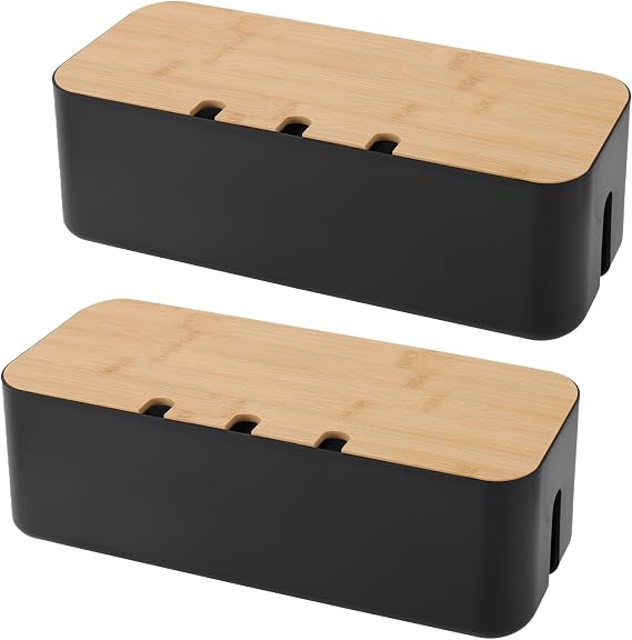 2 PCS Cable Tidy Box, Large Cable Management Box, Cables Organiser Box with Bamboo Lid, Black Cable Organiser for TV Computer Desk, Hide Messy Wires 14.2"x5.1"x5.1"