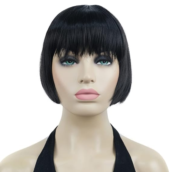 Lydell 6" Straight Short Bob Hair Flat Bangs Cute Central Dot Skin Top Heat Resistant Synthetic Wigs (Natural Black)