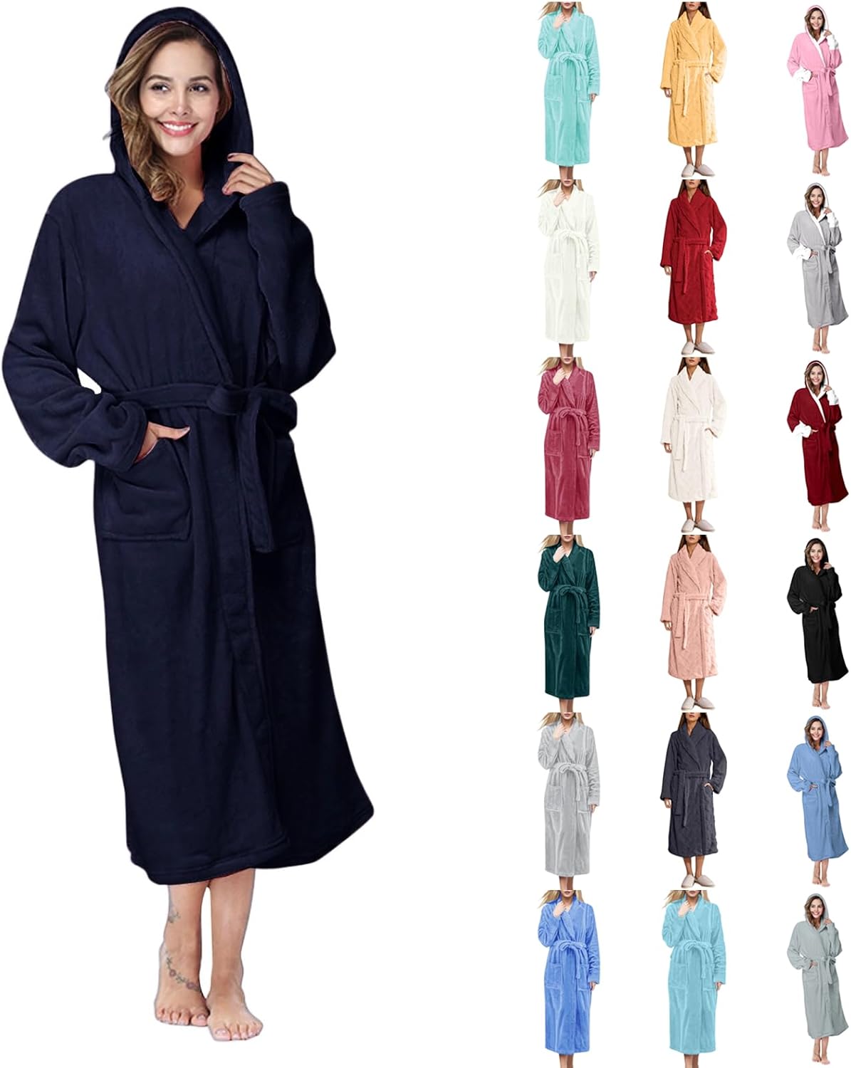 Hooded Warm Bathrobes For Women Soft Lightweight Long Nightgown Full Length Terry Cloth Robe Plus Size Sleepwear