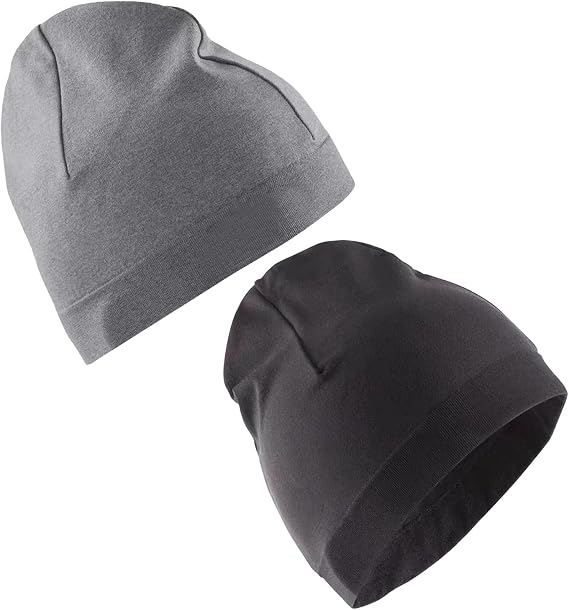 Skull Caps for Men, 2 Pack Satin Skull Cap, Lightweight Skull Cap for Outdoor Sports and Urban Commuting, Polyester Material with Stretch Fit in Black and Grey