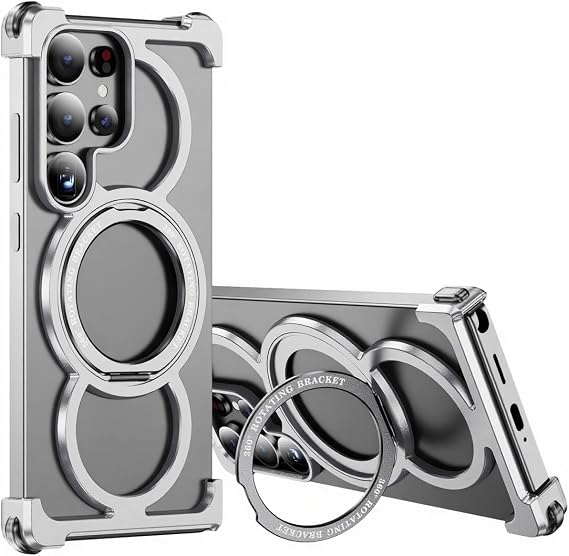 Metal Skeleton Case for Samsung Galaxy S24 Ultra, AJ Silver | Full Aluminum Alloy Body, 360 Rotating Ring Stand, Skeleton Hollow Build, Air Cushion Corners, Wireless Charging