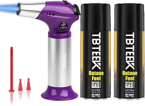 TBTEEK Cooking Torch with Butane Included, Kitchen Torch Lighter with Butane Fuel Refill Cooking, BBQ, Baking, Brulee, Creme, DIY Soldering (2Can), Purple