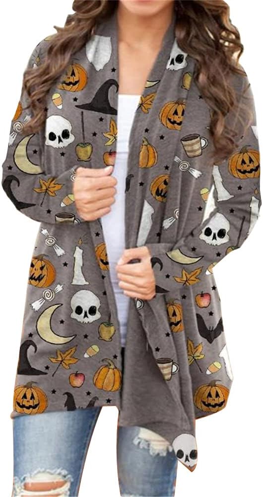 BOUTIKOME Women's Halloween Cat Pumpkin Cardigan Long Sleeve Open Front Knit Outwear Over Coats Plus Size Knit Sweater Top