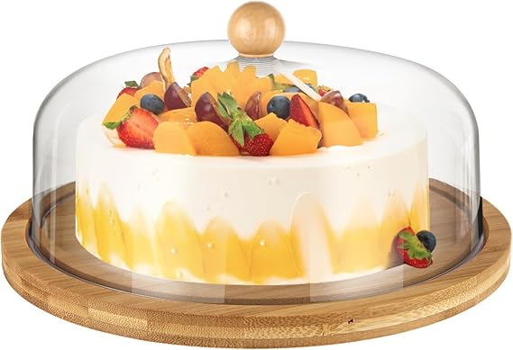 10 Inch Cake Stand with Dome Lid, Wood Cake Plate with Cover | Wooden Cake Display Stand for Anniversary Birthday Wedding Party