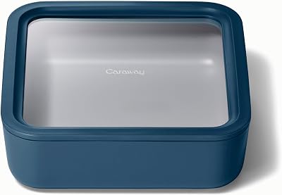 Caraway Glass Food Storage - 10 Cup Glass Container - Ceramic Coated Food Container - Non Stick Lunch Box with Lids - Dishwasher, Oven, Microwave Safe - Square Shape - Navy