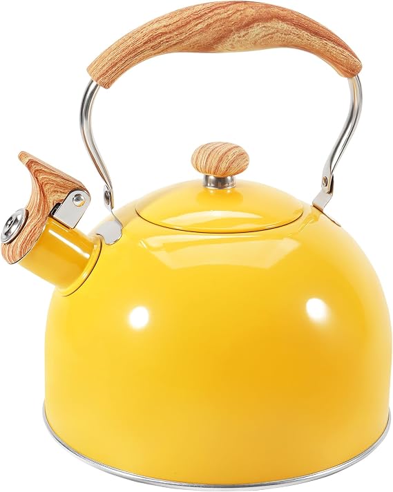 GGC Whistling Tea Kettle for Stove Top, 85OZ/2.6QT Stainless Steel Tea Pot | Yellow Tea Kettles with Wood Pattern Folding Handle, Thumb Design Control Kettle Outlet, for Boiling Water Milik or Coffee