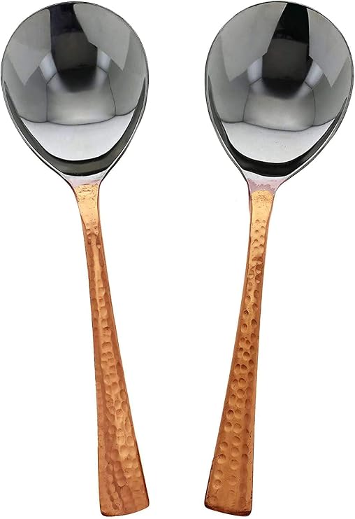 Indian Handmade Stainless Steel & Copper Serving Spoon - Genuine Copper Dinnerware Serving Pieces Set of 2