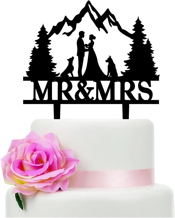 YzYbuaego Mountain Wedding Cake Topper for Forest Theme Outdoors Wedding Party, Bride Groom with 2 Dogs Cake Topper (Mountain and Dog)