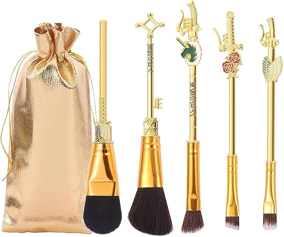 Makeup Brush Set Attack on Titan Anime Collection for Foundation Blush Eyeshadow Face Concealer Eyeliner Contour Powder Liquid Eye, Gift for Girls Women, Attack on Titan merch, 5 pcs, Gold