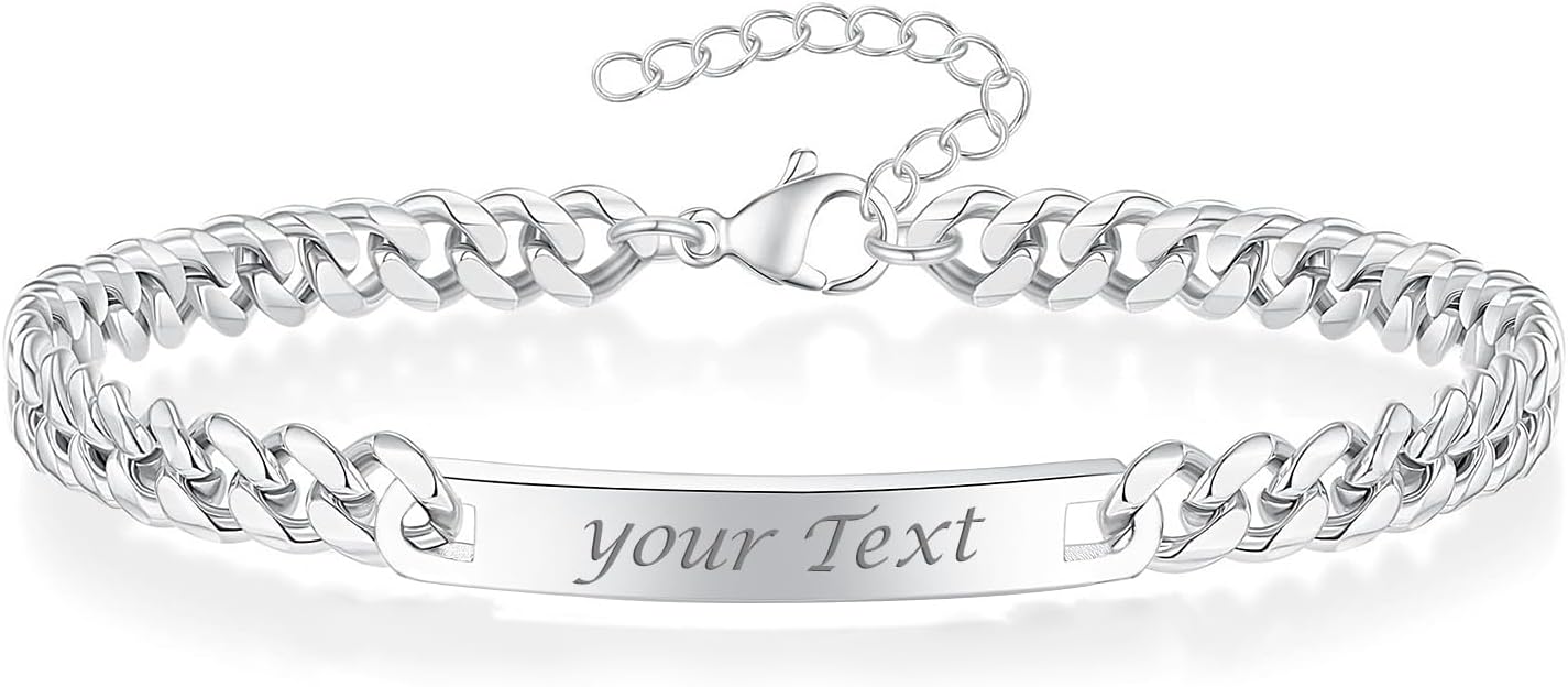 Personalised Mens Bracelets Cuban Chain Custom Bracelet Silver | Stainless Steel Engraved Name Code Medical ID Bracelet Christmas Birthday Gifts for Him Dad Son Grandson Husband Boyfriend