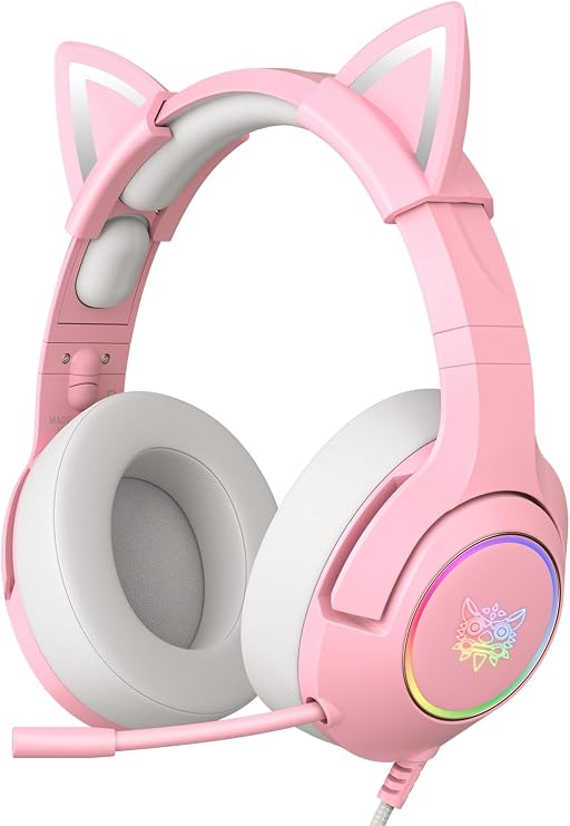 PHNIXGAM Gaming Headset - Removable Cat Ears, RGB/Retractable Mic (A Pink) | Wired 3.5mm surround sound gaming headphone, compatible with PC, PS4, PS5, mobile, cute light pink design