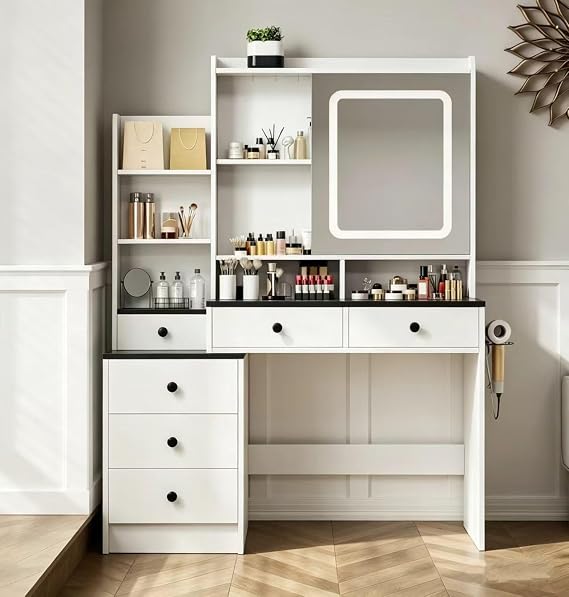 Vanity Makeup Desk with LED Lighted Mirror, Dressing Table with Drawer Storage and Power Charging Station, 3 Lighting Levels for Bedroom (042 Black)