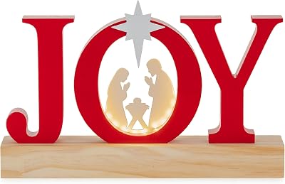 Hanobe Christmas Nativity Decoration Indoor: Joy Sign with Lighted Manger Nativity Scene for Tabletop Mantel Shelf - Wooden Farmhouse Xmas Home Decor with Magnetic Star