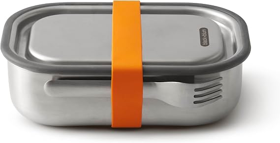 Black+Blum Stainless Steel Lunch Box | Leak Proof 3-in-1 Multi-Functional Plastic Free Vacuum Valve Bento Box with Compartment Divider and Accessories, Orange