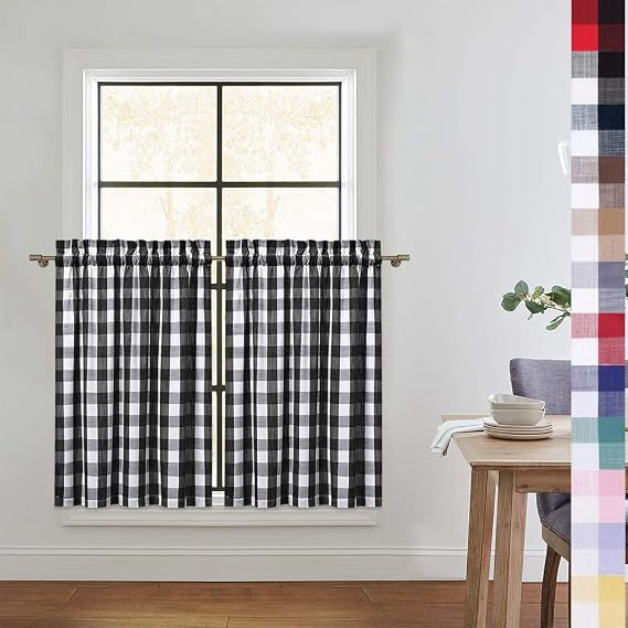 CAROMIO Buffalo Check Kitchen Curtains 36 Inches Length, Plaid Gingham Tiers for Kitchen Cafe Bathroom Window, Black/White