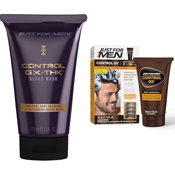 Just for Men Control GX + THK Grey Reducing and Thickening Beard Wash, 4 oz (Pack of 1) + Just For Men Control GX Grey Reducing 2-in-1 Shampoo and Conditioner, 4 Fl Oz (Pack of 1)