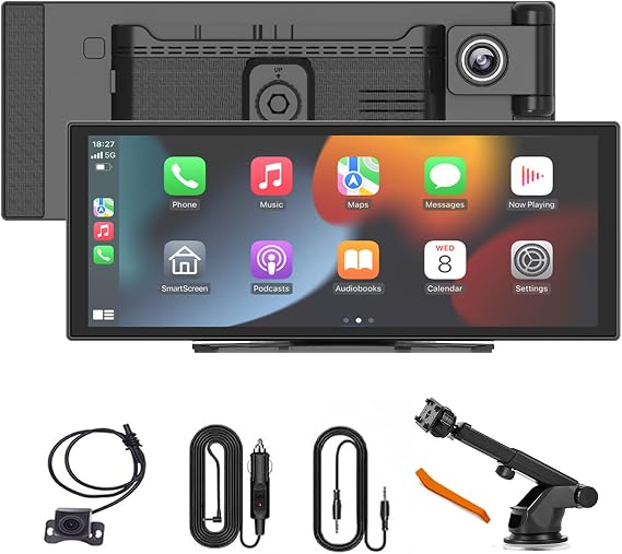 11 Inch Wireless CarPlay & Android Auto Screen for Car,with 4K Dash Cam,Ultra-Light Touchscreen, IP68 1080P Backup Camera, GPS Navigation, Voice Control, Mirror Link(No Card)