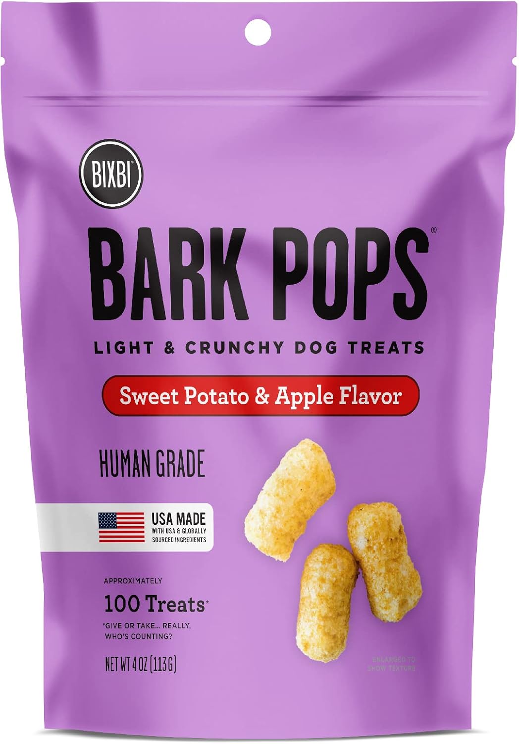 BIXBI Bark Pops, Sweet Potato and Apple 4 oz, 1 Pouch - Crunchy Small Training Treats for Dogs - Wheat Free and Low Calorie Dog Treats, Flavorful Healthy and All Natural Dog Treats