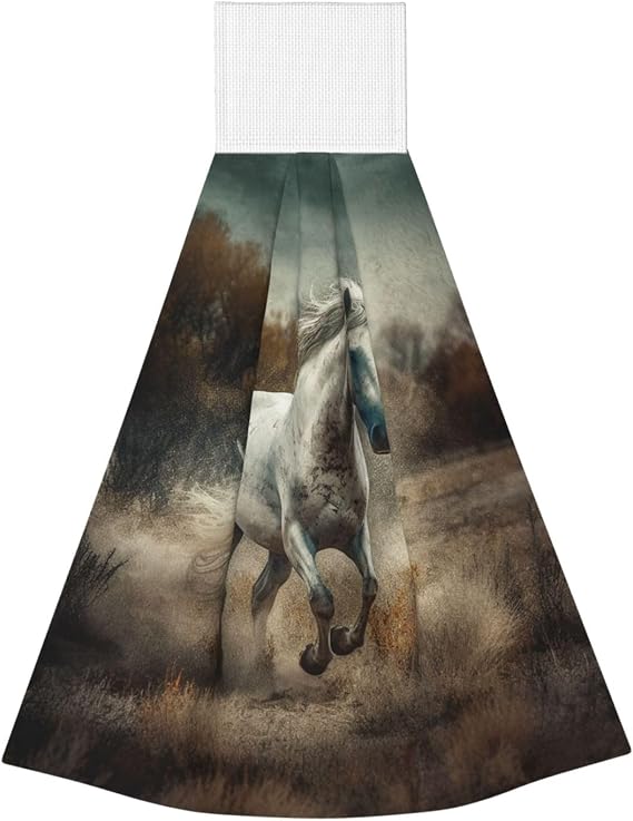 Hanging Hand Towel Soft Absorbent Bath Towel Kitchen Dish Towels with Hanging Loop Fast Drying Tie Towels for Bathroom Kitchen Home Decor Horse Running in Field