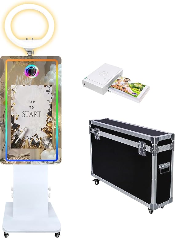 Mirror Photo Booth with 21.5 Inch LCD Touch Screen Portable Magic Mirror Shell Stand Selfie Photo Booth for Wedding Party Event Rental (White Machine, photo booth machine + mini printer)