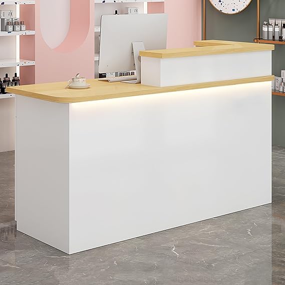 Modern Receptionist Desk, Retail Checkout Counter With Lockable Drawers, Cashier Table, Office Computer Desk, Retail Checkout Reception Counter, For Salon Lobby Checkout Office(White+wood--B,80x55x100