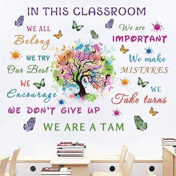 Inspirational Classroom Wall Decals in This Classroom Butterfly Tree Wall Art Sticker Peel and Stick Vinyl Quotes Stickers for Kids Room Nursery Preschool Door Playroom