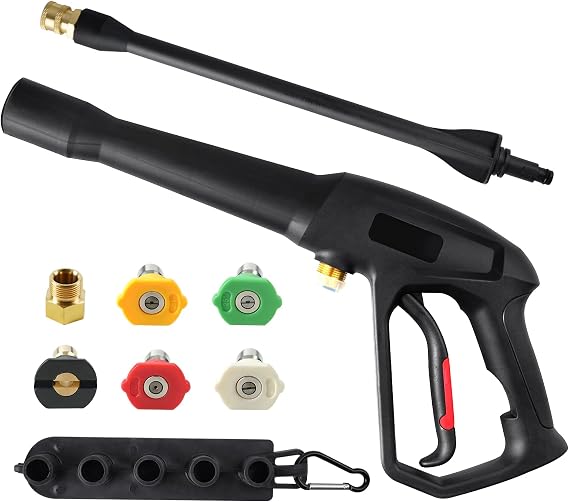 Pressure Washer Gun with 5 pcs Quick Connect Nozzles,Compatible with Karcher, Ryobi,Powerstroke,Greenworks, Husky, Raptor Blast,Electric Power Washer,with M22-14mm and M22-15mm Fitting Replacemen