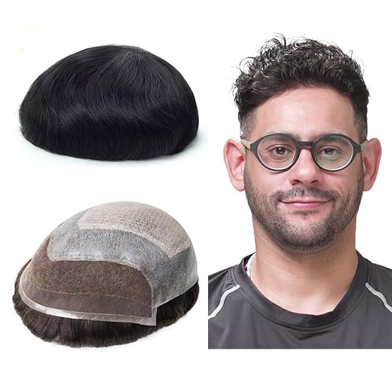 Lordhair French Lace Front Toupee for Men 0.1mm Injected Thin Skin Hair Pieces Attached with Diamond Lace Hair System Replacement 8x10 Inches, Jet Black Color 1