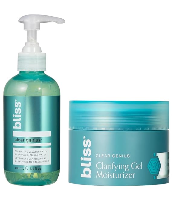 Bliss Clear Genius Cleanser 6.4 oz + Gel Moisturizer 1.7 oz | Salicylic Acid & Niacinamide to Purify Pores, Control Oil & Hydrate | Vegan, Tea Tree Scent, Oil-Free, Paraben-Free, Blemish-Prone Skin