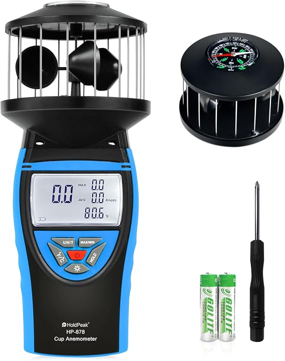HoldPeak Handheld Cup Anemometer with Compass, 360 Wind Measuring Digital Air Wind Speed Meter, 93MPH Wind Speed Measuring Device Gauges for Outdoor Sailing HVAC Golf Shooting