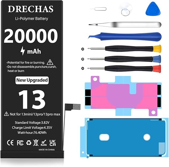 [20000mAh]Battery for iPhone 13, Upgraded High Capacity 0 Cycle Li-Polymer Replacement Battery for iPhone 13 Models A2482, A2631, A2633, A2634, A2635 with Complete Professional Repair Tool Kit