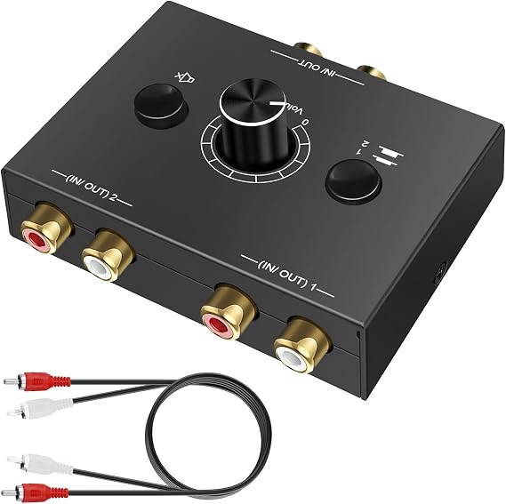 Stereo RCA Audio Switcher 2(1)-In-1(2)-Out, Bidirectional Speaker Converter Switch Box with One-Key Mute Button, Plug & Play, No External Power Required for DVD Player/Soundbar/Speaker