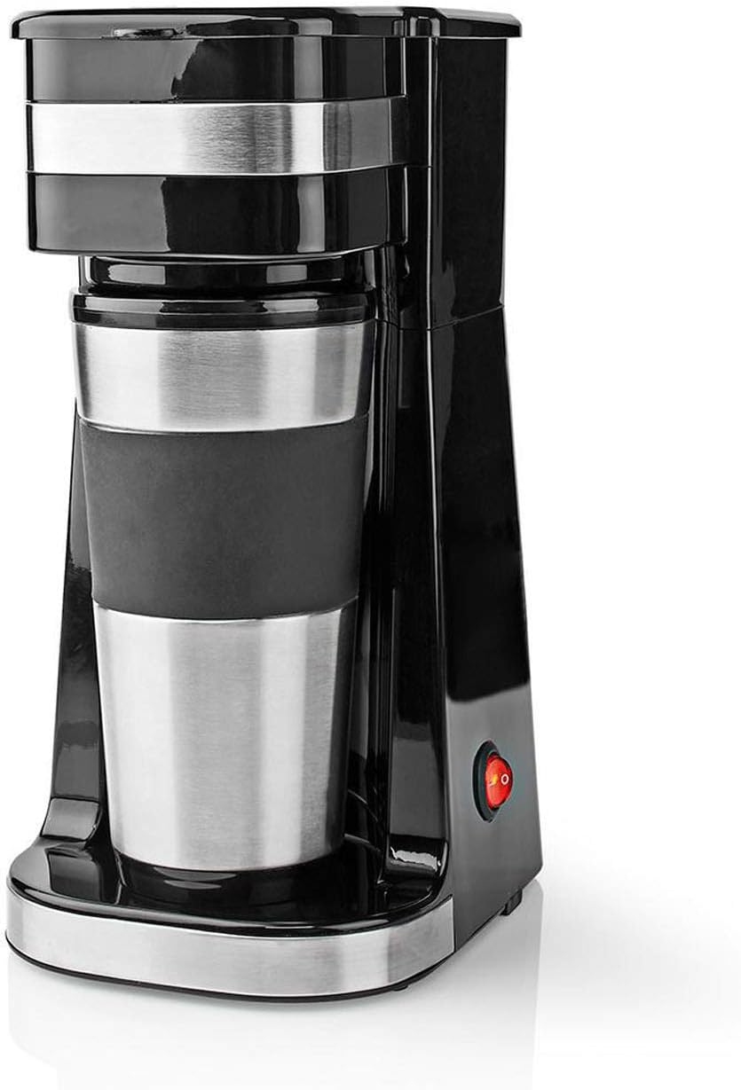 Ex-Pro Single Serve Coffee 1 Cup Maker Machine and Double Wall Insulated Travel Mug, Stainless Steel, 420ml - SilverBlack