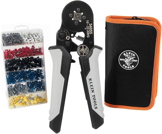 Klein Tools 34060 Ferrule Crimping Tool Set with Ratcheting Square Crimper Pliers, 1200 Wire Terminals (10-22 AWG), and Soft Carrying Case for Electrical Applications