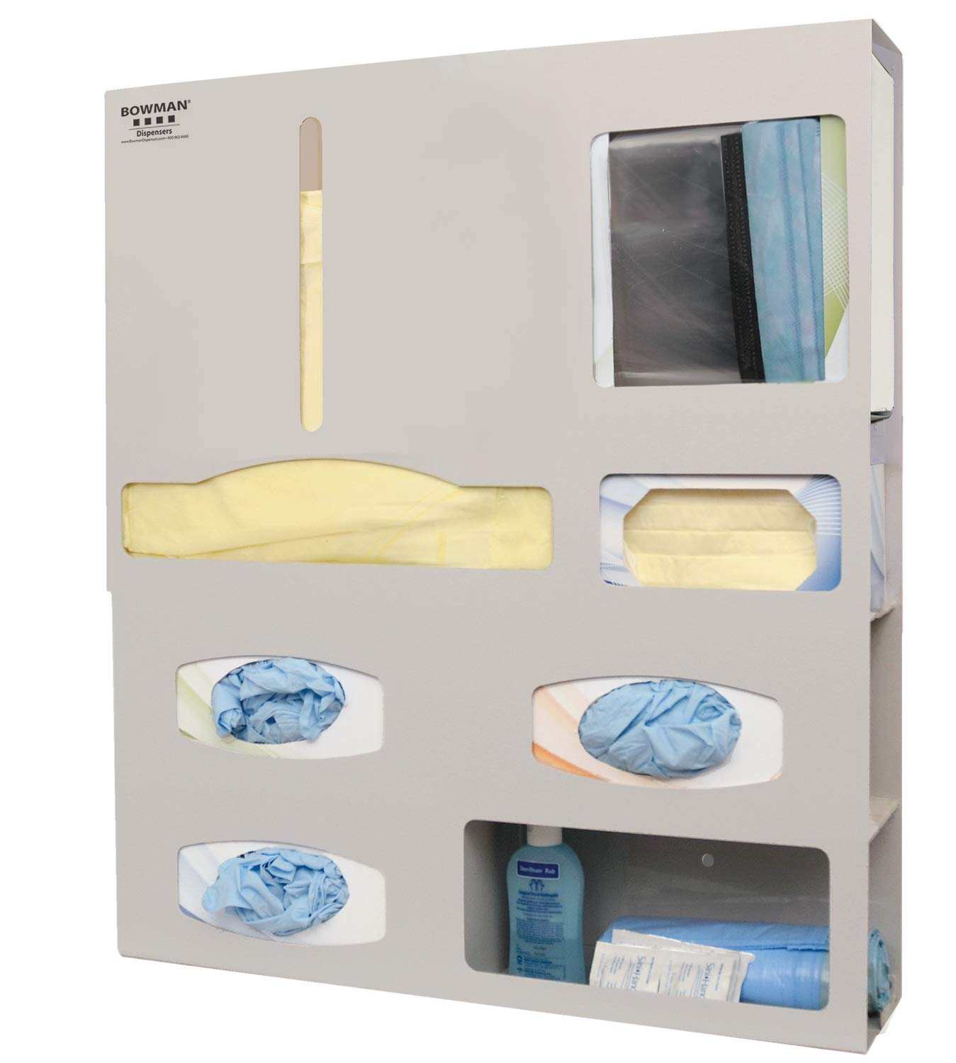 Bowman Dispensers Protective Wear Organizer, Universal Size Compartments, Wall Mounting, Door Hanger Cutout, Powder-Coated Quartz Beige Aluminum, 4.58 In L x 22.75 In W x 25.63 In H