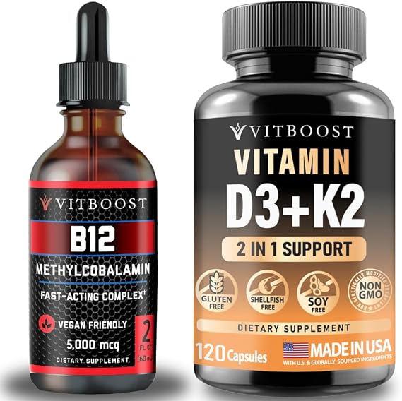 VITBOOST Vegan Liquid B-12 Drops 60 x 5000 mcg with Vitamin D3 K2 Complex