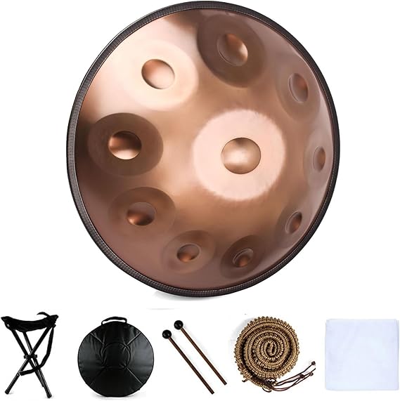 Handpan Drum Instrument in D Minor, 9/10/12 Notes, 56 cm, Steel Handpan Drum with Handpan Bag, 2 Mallets and Hand Drum Stand