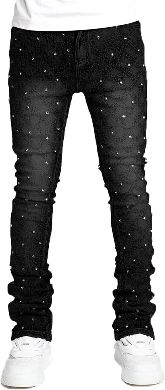 Men Rhinestone Skinny Ripped Jeans Y2k Stretch Slim Fit Stacked Jeans Grunge Denim Pants