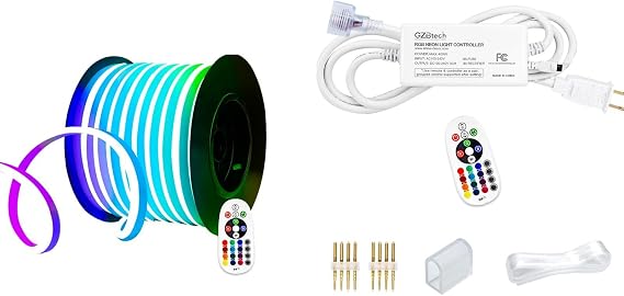 GZBtech AC 110-120V Waterproof RGB Multi-Color LED Neon Rope Lights 82FT/25M & Controller Kit with Remote & Power Supply