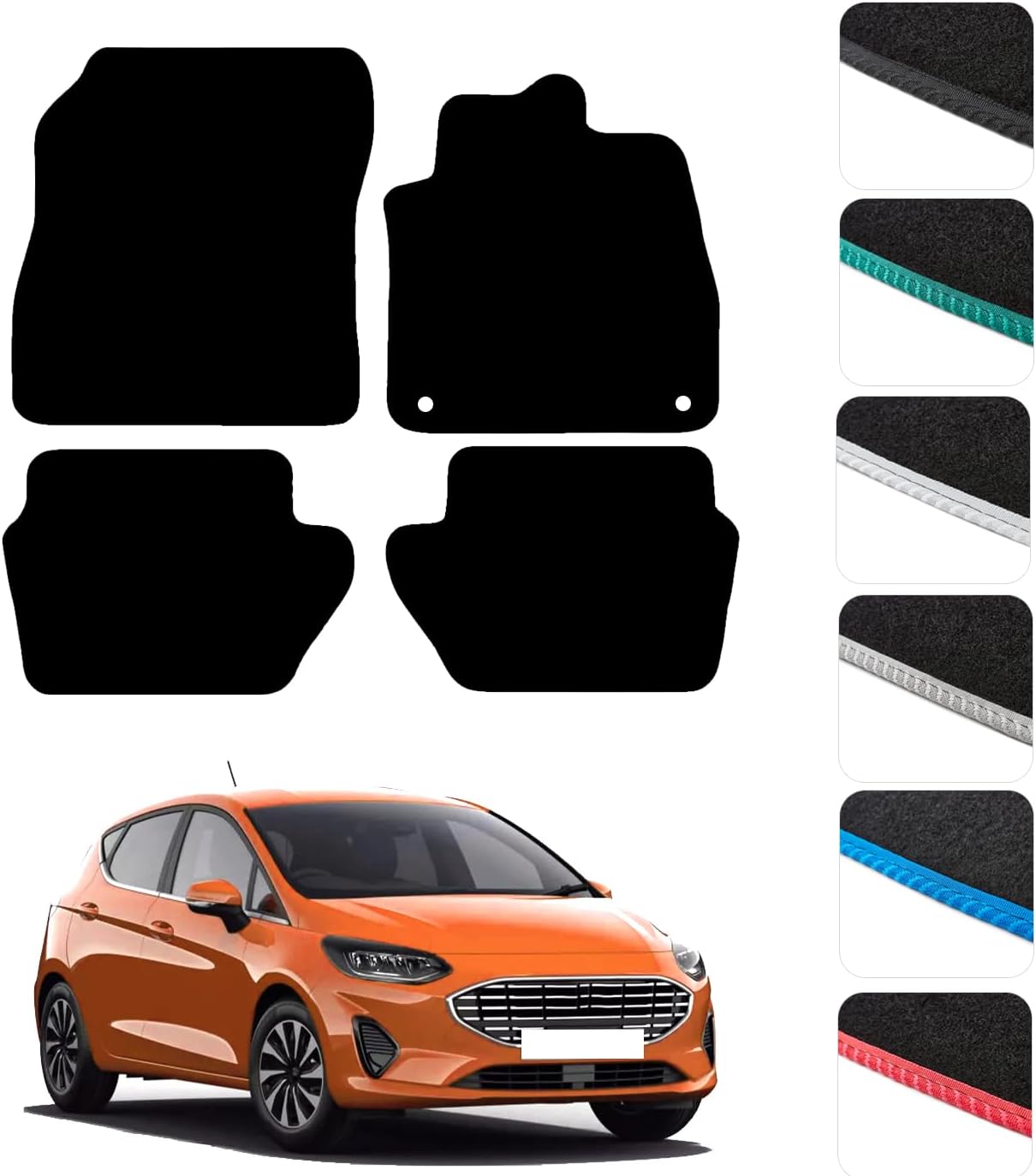 GCM - Car Floor Mats for Ford Fiesta Mk8 2017 To Present Full Coverage Floor Protection - Anti Slip & Fit Car Mat with Clips Easy to Clean Car Carpet for All-Weather- Black Edging, Carpet