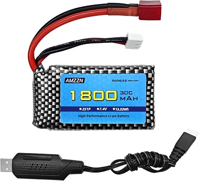 7.4V 1800mAh 2S 30C T-Plug Lipo Battery with USB Charger for WLTYOS K929-B A959-B 12401 9200 9200E 300E YC200 HM123 110,112,116 RC Car,Truck,High-Speed Car Batteries 1PCS BatteryUSB
