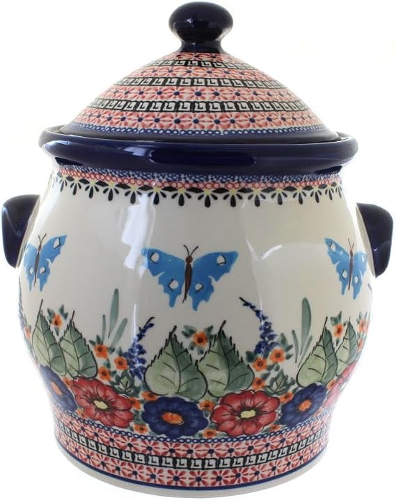 Blue Rose Polish Pottery - Red Floral Butterfly Cookie Jar - 21 Cup Capacity - Decorative Treat Storage Container for Cookies