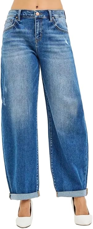 Risen Mid Rise Barrel Double Roll Up Jeans - Ivory Gem