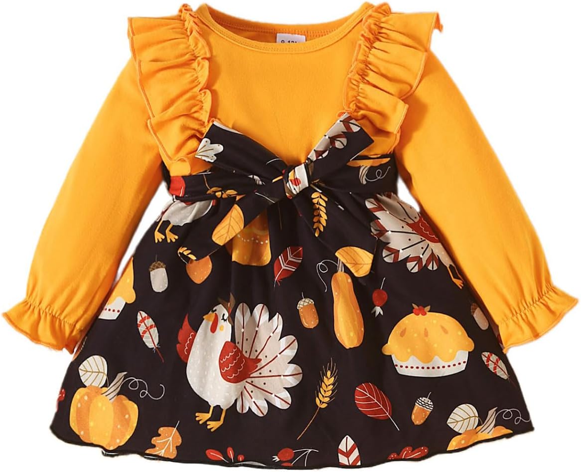 Baby Girl Christmas Dress Toddler Thanksgiving Dress Ruffle Patchwork Long Sleeve Dress Baby Christmas Outfit