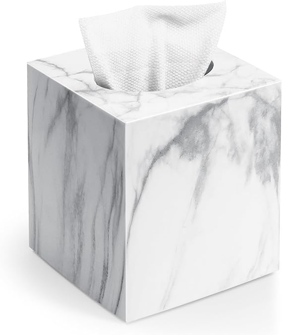 Tissue Box Cover,Square Acrylic Tissue Holder with Non-Slip Base,Marble | Fits standard facial tissue boxes,modern decorative aesthetic for bathroom countertops,dressers,night stand,parlors,office